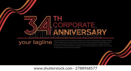 34th happy anniversary template featuring multi-line typography and wavy orange ribbons on a black backdrop.