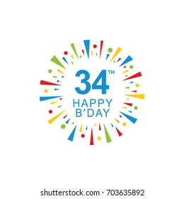 34th Happy Birthday logo, circle shape, colorful sunburst, red blue green yellow color