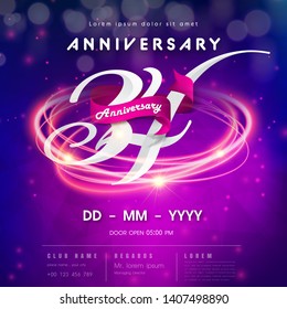 34th modern technology design celebrating numbers with Hi-tech network digital technology concept design elements. 34 years anniversary logo template on purple Abstract futuristic space background.