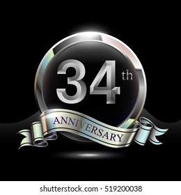 34th silver anniversary logo, vector celebration design with ring and ribbon.