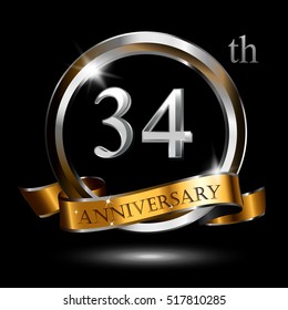 34th silver and gold anniversary logo, vector celebration design with ring and ribbon.