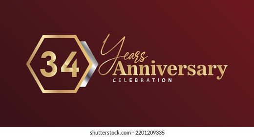 34th Year Anniversary Celebration Golden and Silver Color with Hexagon Shape for Celebration Event, Wedding, Greeting card, and Invitation Isolated on Black Background