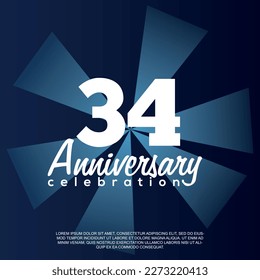 34th year anniversary celebration vector template design illustration with white text elegant blue shiny background.	