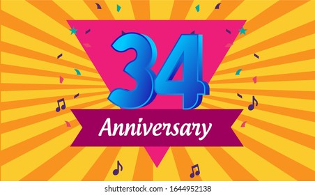 34th years anniversary celebration emblem. vector illustration template design for web, flyers, poster, greeting & invitation card