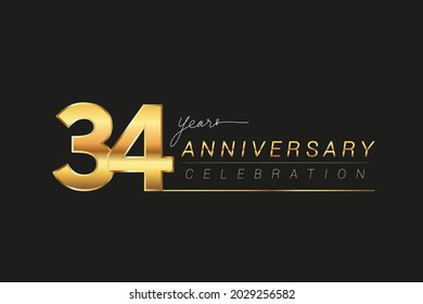 34th years anniversary celebration logotype. Anniversary logo with golden and silver color isolated on black background, vector design for celebration, invitation card, and greeting card.