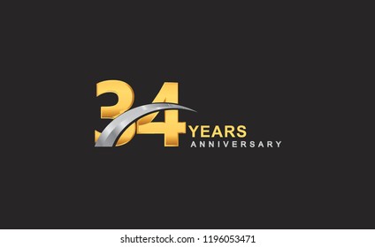 34th years anniversary logo with golden ring and silver swoosh isolated on black background, for birthday and anniversary celebration.