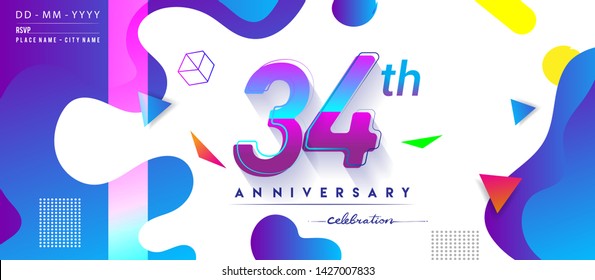 34th years anniversary logo, vector design birthday celebration with colorful geometric background and circles shape.