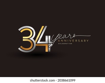 34 Jahre Jubiläumslogotype mit mehrzeiliger Silber- und goldener Farbe einzeln auf schwarzem Hintergrund für Feierlichkeiten.