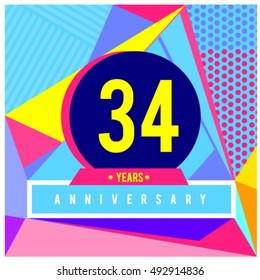 34th years greeting card anniversary with colorful number and frame. logo and icon with Memphis style cover and design template. Pop art style design poster and publication.