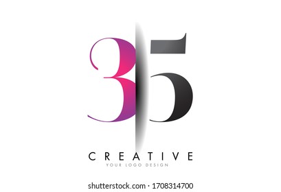 35 3 5 Logotipo de número gris y rosa con diseño creativo de ilustración de vectores de corte en sombra.