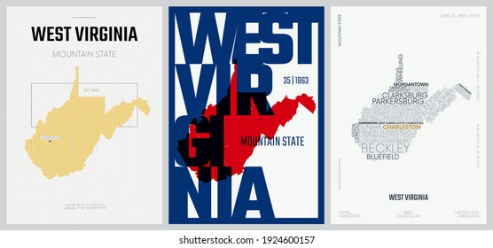 35 von 50 Sets, US State Posters mit Namen und Informationen in 3 Design-Stilen, Detaillierte Vektorgrafik-Druck West Virginia Karte