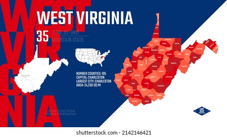 35 Of 50 States Of The United States, Divided Into Counties With Territory Nicknames, Detailed Vector West Virginia Map With Name And Date Admitted To The Union, Travel Poster And Postcard