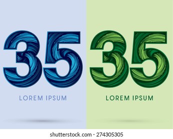 35 ,Abstract Number , font, concept Spin water, wind and natural, designed using blue and green grunge brush,sign 