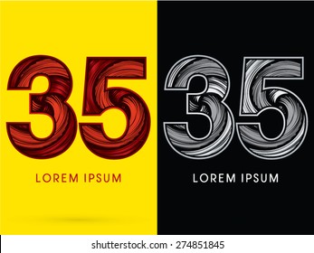 35 ,Abstract Number , font, concept  Spin, designed using red,black and white, grunge brush, sign.