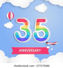 35 Anniversary Celebration Logo with Rainbow Colored and using Paper Art Design Style