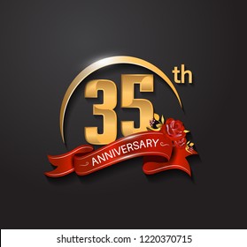 35 anniversary design logotype with golden swoosh, red ribbon and red rose. Vector template for use in celebration company event, greeting card, and invitation card