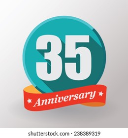 35 Anniversary  label with ribbon. Flat design.