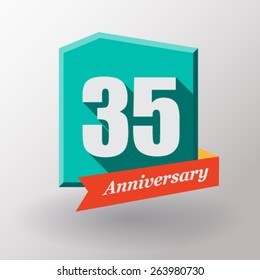 35 Anniversary   label with ribbon. Flat design.