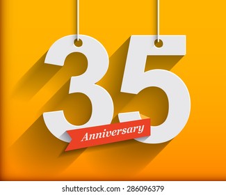 35 Anniversary numbers with ribbon. Flat origami style with long shadow. Vector illustration