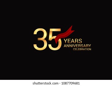 35 anniversary vector design golden colored with red ribbon isolated on black background