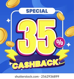 35% Cashback Promotion Design with Bold Typography and Floating Coins on Blue Background