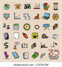 35 Colorful Doodle business Icons set, hand drawn sketch, vector illustration 
