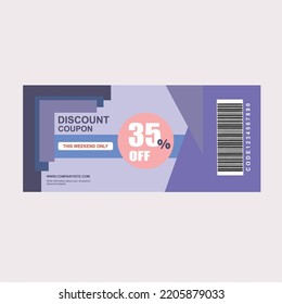 35% coupon discount purple. Vintage cinema ticket concert and festival event, movie theater coupon. promo code gift voucher and coupons template. Vector illustration.