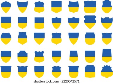 35 escudos de armas diferentes con bandera de Ucrania, ilustración vectorial