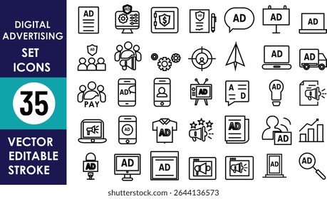 35 digital advertising icons in black linear vector style, featuring ads on screens, devices, people, documents, charts, megaphones, targeting, and marketing tools