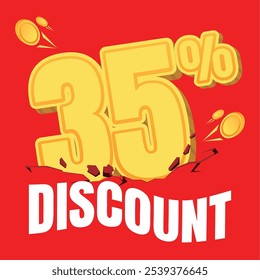 35% discount badge in gold coin style, set against a bold red background with crack and shake effects, creating an eye-catching, energetic look for promotions.