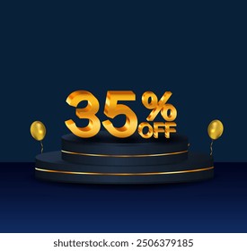 35% discount. Discount on creative composition. 3D sale symbol with decorative objects, golden confetti, podium. 35 percent. Sale banner and poster. Vector illustration.