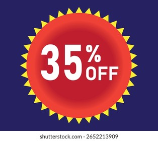35% de desconto. Desconto em suas vendas. Porcentagem em branco dentro de um círculo vermelho com elementos gráficos amarelos ao redor. Fundo azul.