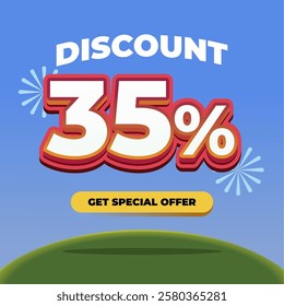 35% Discount Promotional Banner with 3D Text, Fireworks, Blue Gradient Background, and a Special Offer Button on a Green Hill with Eye catching Sale Advertisement Design