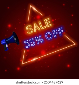 35% discount. Special mega sale offer, neon 35% off. Signage promotion. neon style.