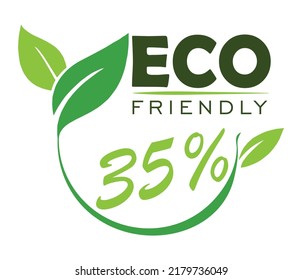 35% Eco friendly stamp icons Vector illustration with Green organic plant leaf. Eco friendly green leaf label sticker. 2d vector illustration. Eco friendly sign. 35% percentage Organic Product .