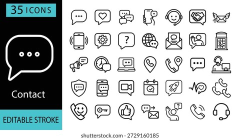 35 iconos de contacto editables en estilo blanco y negro