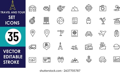 35 editable vector travel icons: hotel, passport, airplane, suitcase, globe, map pin, camera, Eiffel Tower, beach, boat, bus, mountains, train, location