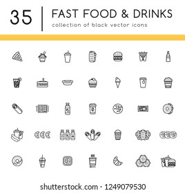 35 fast food black icons set with takeaway snacks and drinks. Black high quality outline icons for your design project. Can be used for print or web