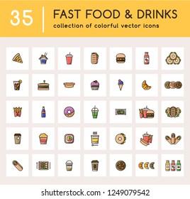 35 fast food set with colorful icons depicted takeaway snacks and drinks. High quality outline icons for your design project. Can be used for print or web