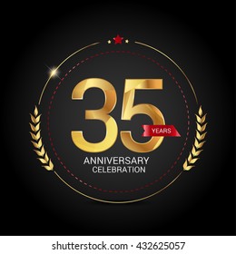 35 golden anniversary logo with red ribbon, low poly design number