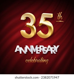 35 golden numbers, Anniversary white paper text and Celebrating word made of golden ribbons on red curtain background. Vector thirty fifth anniversary celebration event square template.