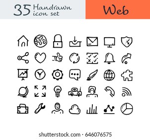 35 Hand drawn web icon. doodle web icon. vector illustration.