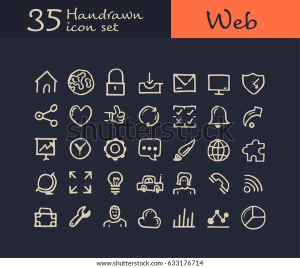 35 Hand drawn web icon. doodle web icon.\
vector illustration.