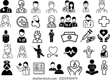 35 Healthcare Icons Set Vector Illustration. This set of healthcare icons includes symbols for doctor,nurse, medical equipment, services, professions, and concepts. web design, mobile app,infographic svg