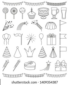 35 line art black and white party elements set. Birthday themed vector illustration for icon, stamp, label, certificate, brochure, gift card, poster, coupon or banner decoration