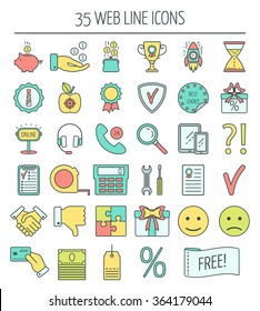 35 linear web icons. Color moder line icons for business, web development and landing page. Flat design. Vector illustration