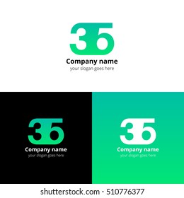 35 logo icon flat and vector design template. Monogram years numbers three and five. Logotype thirty five with light green gradient. Creative vision concept logo, elements, sign, symbol for card,