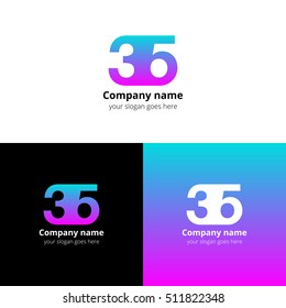 35 logo icon flat and vector design template. Monogram years numbers three and five. Logotype thirty five with blue-pink gradient. Creative vision concept logo, elements, sign, symbol for card,