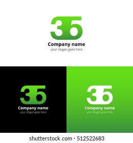 35 logo icon flat and vector design template. Monogram years numbers three and five. Logotype thirty five with green gradient color. Creative vision concept logo, elements, sign, symbol for card,