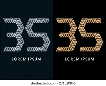35 ,Luxury Abstract Jewelry Number, font, designed using gold and silver colors geometric shape on dark background, sign ,logo, symbol, icon, graphic, vector.